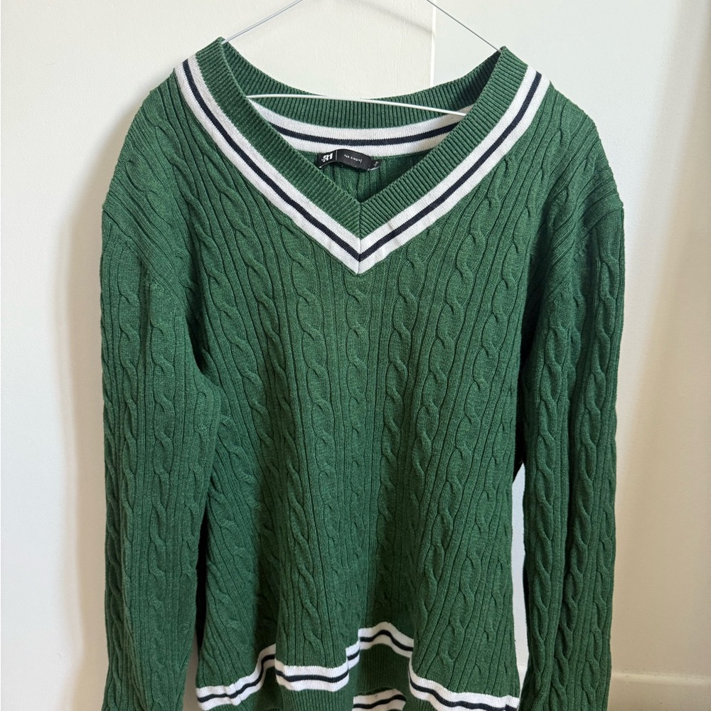 Simons Green Cable Knit V-Neck Sweater with White and Navy Stripe Trim